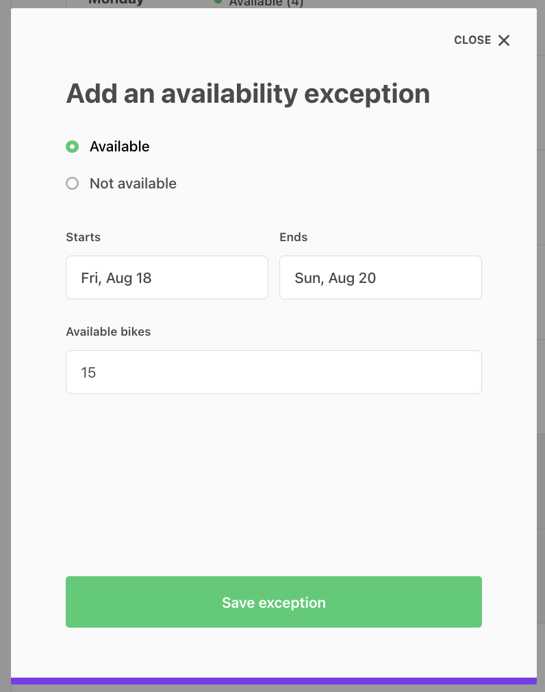 Seat selection in availability exception modal